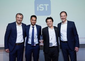 (L-R) Giorgio Villa, senior account executive, Channels, Genesys; Sherif Fahmy, marketing manager, IST; Norman Liu, marketing director, IST and Friedbert Schub, senior vice president, Sales, Genesys)