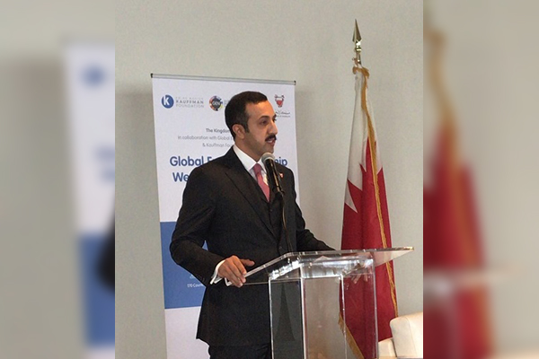 HE Sheikh Abdulla bin Ahmed Al Khalifa, Bahrain's Undersecretary for International Affairs, speaking at the UN HQ in New York following the Global Entrepreneurship Congress announcement.