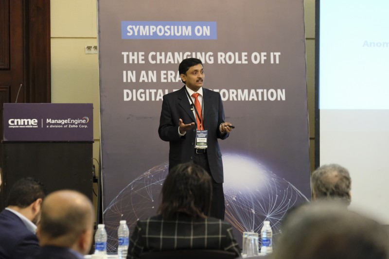 ManageEngine's director of product management Gibu Mathew speaking at the conference