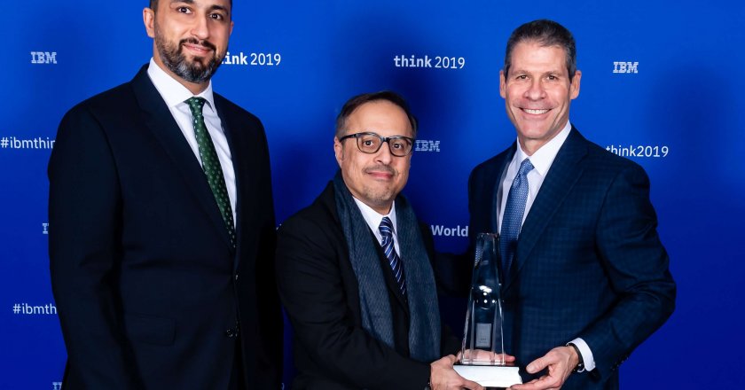 Receiving the award on behalf of SBM is CEO Essam Alshiha (centre) and IBM Systems & Technology Group Sales Manager for SBM, Eyad Al Habbash (left)