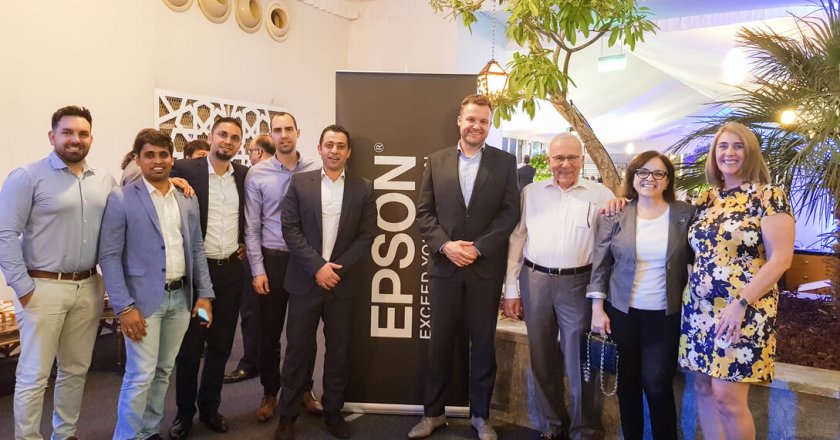 Jeroen van Beem, Epson MEA (fourth from right) and Nicolas M Kyvernitis, NMK( third from right) with Epson and NMK team members
