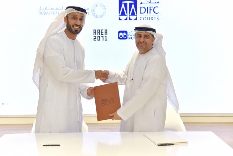 (L-R) Khalfan Juma Belhoul, Dubai Future Foundation (DFF), and Omar Al Muhairi, DIFC Courts, court tech