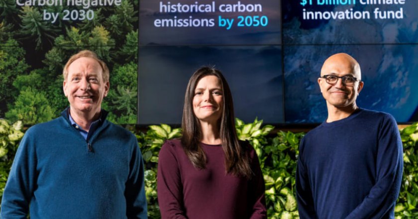 Microsoft President Brad Smith, Chief Financial Officer Amy Hood, and Chief Executive Officer Satya Nadella.